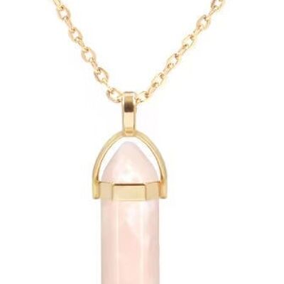 Péndulo Hexagonal de Piedra Semipreciosa Natural con Collar Corto Dorado · Cuarzo Rosa (últimas unidades!)
