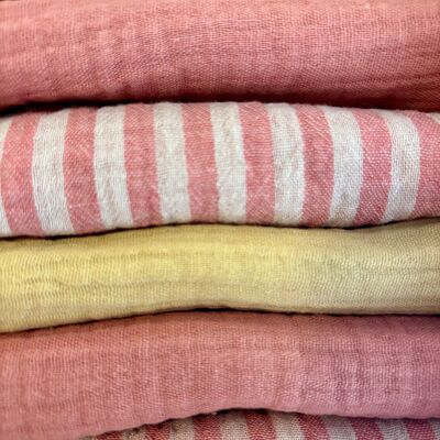 Coffret de 6 serviettes de table Petite 23x23 – Gaze de coton unie blé, marsala et rayée