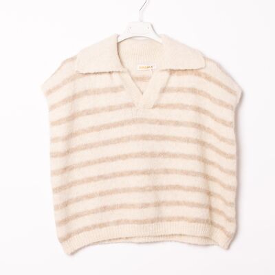 Maglione senza maniche a righe con colletto - LANA - 51132B