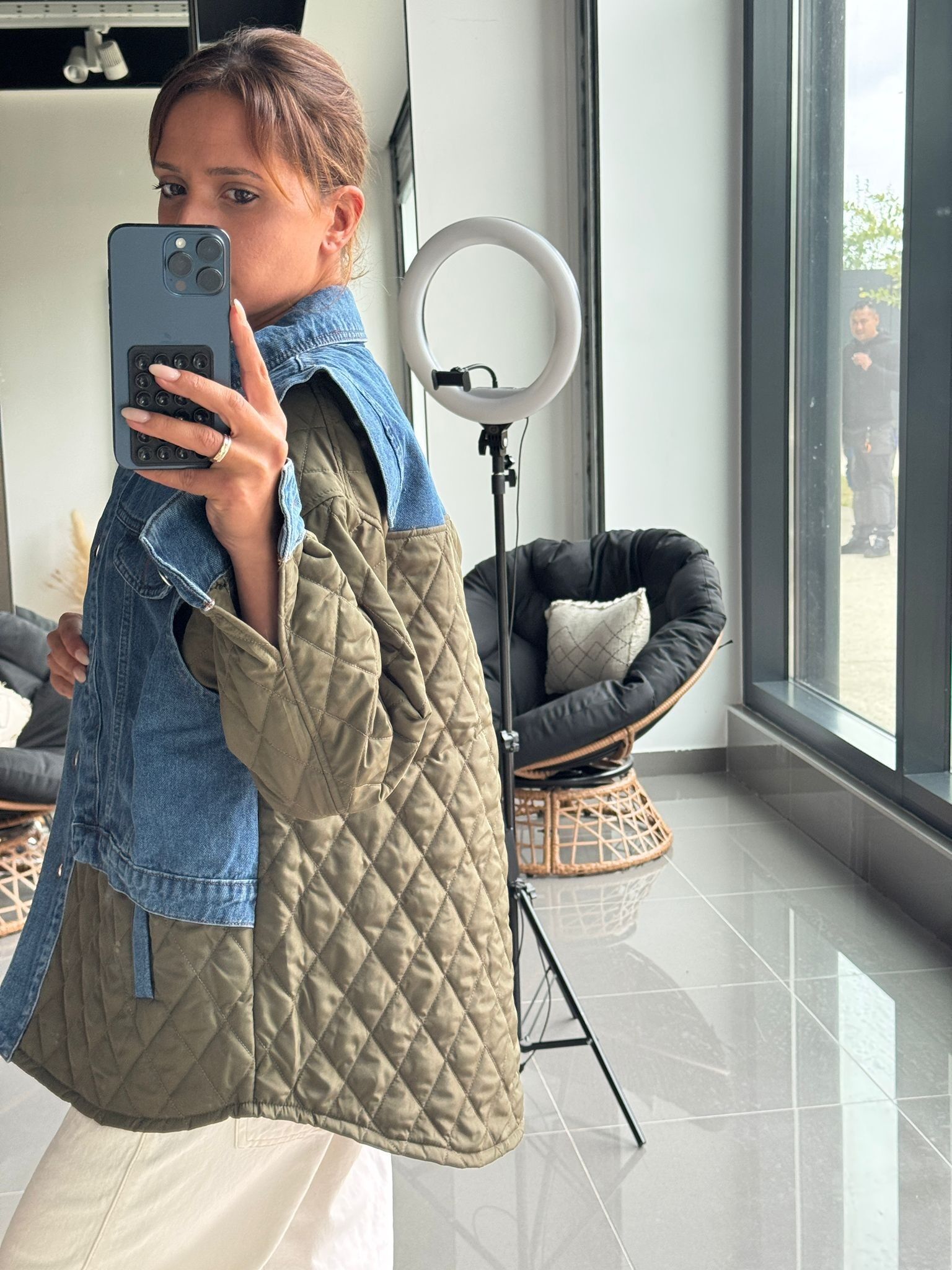 Giacca bicolore trapuntata e denim – Oversize - kaki