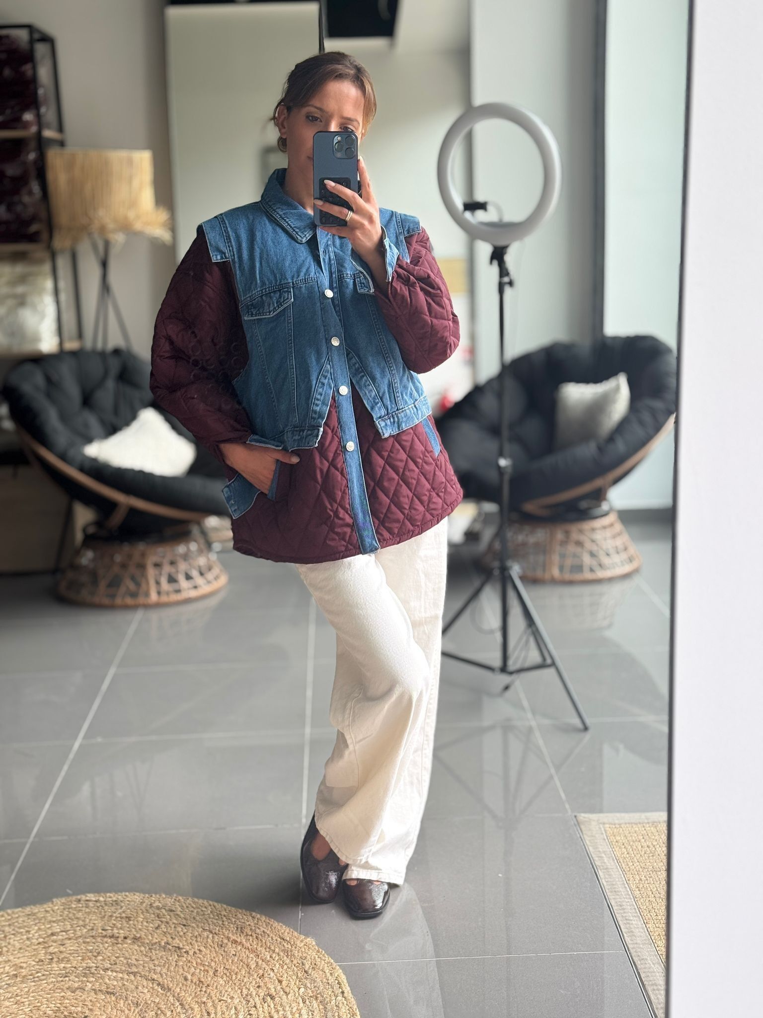 Giacca bicolore trapuntata e denim – Oversize – Bordeaux