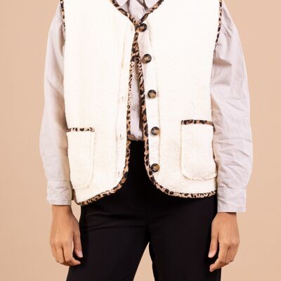 Gilet sans manches en moumoute avec finitions léopard PG2531