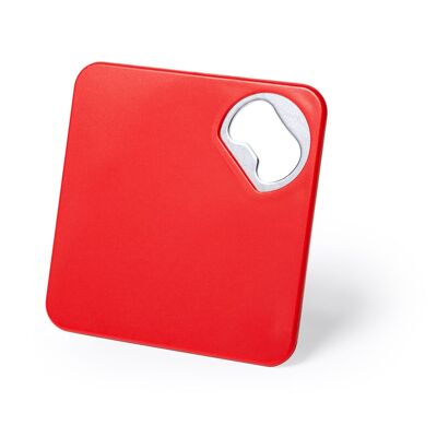 SOTTOBICCHIERE ROSSO CON APRIBICCHIERE IN METALLO INTEGRATO. CON SUPERFICIE ANTISCIVOLO SULLA BASE.8.2 X 8.2 X 0.4 CM | 20 GR.