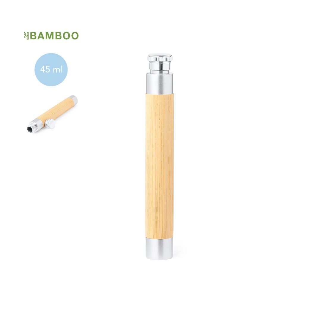 BORRACCIA DA 45 ML IN BAMBÙ E ACCIAIO INOX. DESIGN DISTINTIVO CON FORMA CILINDRICA E TAPPO A VITE. 16.2 X CM | 2.2 Ø | 55 GR.