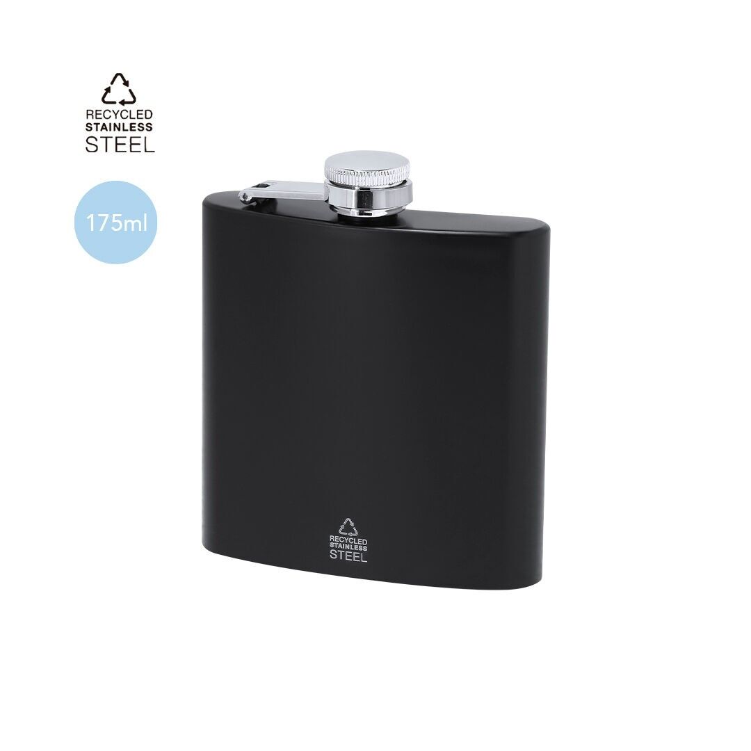 FIASCHETTA NERA DA 175 ML CON CORPO IN ACCIAIO RICICLATO.TAPPO DI SICUREZZA IN ACCIAIO E AVVITABILE. DESIGN ERGONOMICO + CORPO CON FINITURA OPACA.