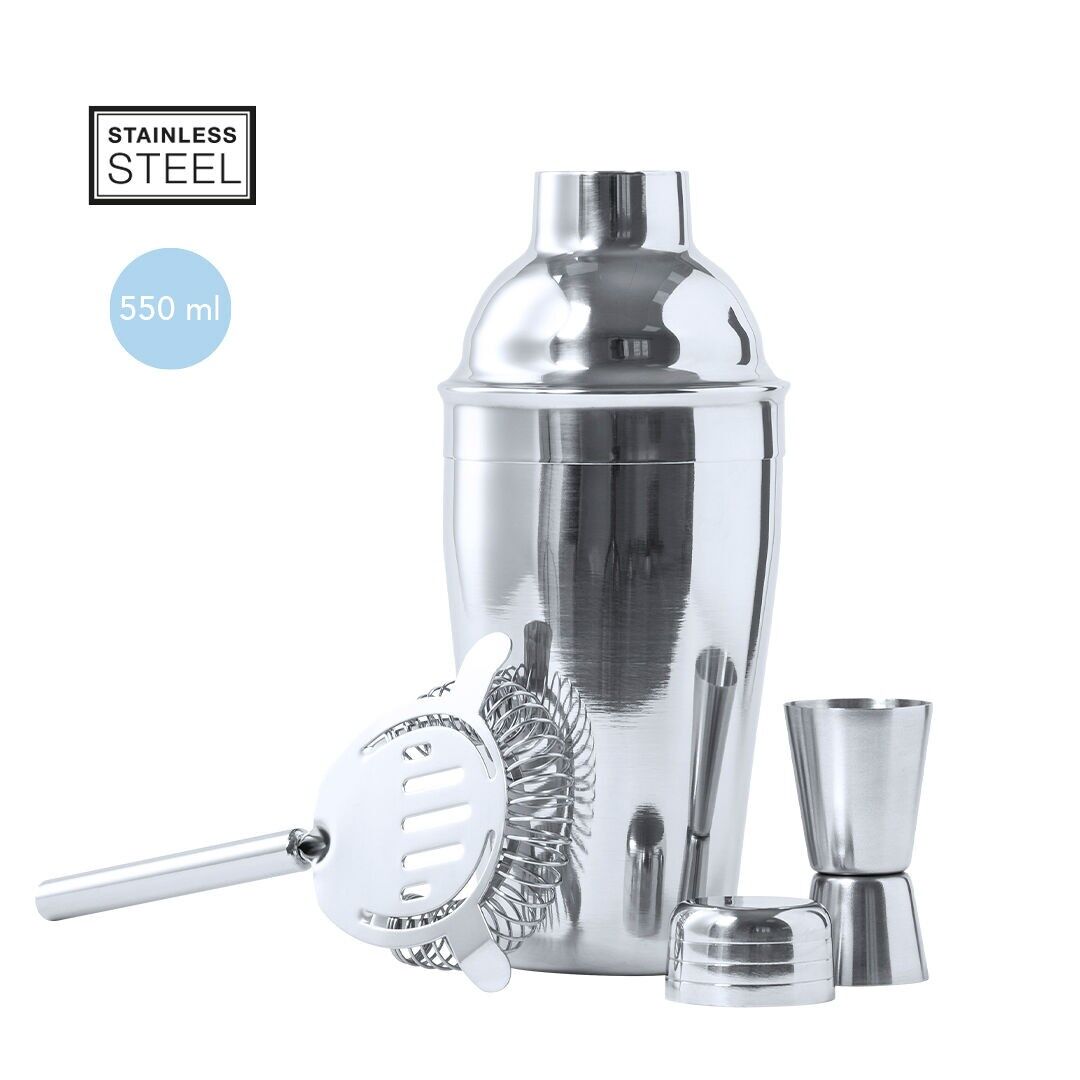 COCKTAIL SET WITH 3 ACCESSORIES, MADE OF STAINLESS STEEL WITH CHROME FINISH. INCLUDING:
COCKTAIL SHAKER OF 550ML , WITH SAFETY LOCK AND MEASURING LID ON TOP.STRAINER WITH HANDLE.SINGLE/DOUBLE MEASURING CUP.