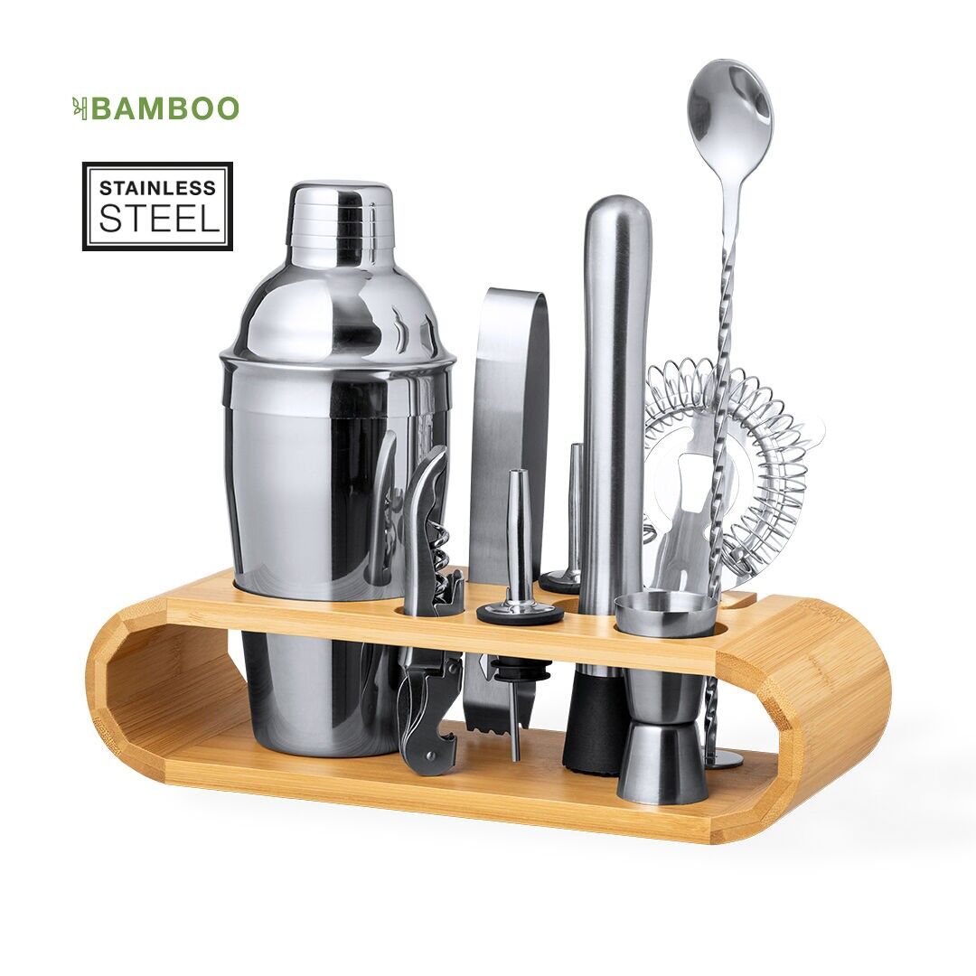 COCKTAIL SET 9 ACES.-WITH ORIGINAL BAMBOO BASE TO STORE AND DISPLAY ALL THE UTENSILS. - 1 COCKTAIL SHAKER 550 ML- 1 MORTAR AND PESTLE
- 1 MEASURING CUP 15/30 ML- 1 ICE TONG- 1 STRAINER- 1 CORKSCREW/OPENER- 1 MIXING SPOON- 2 MEASURING CAPS