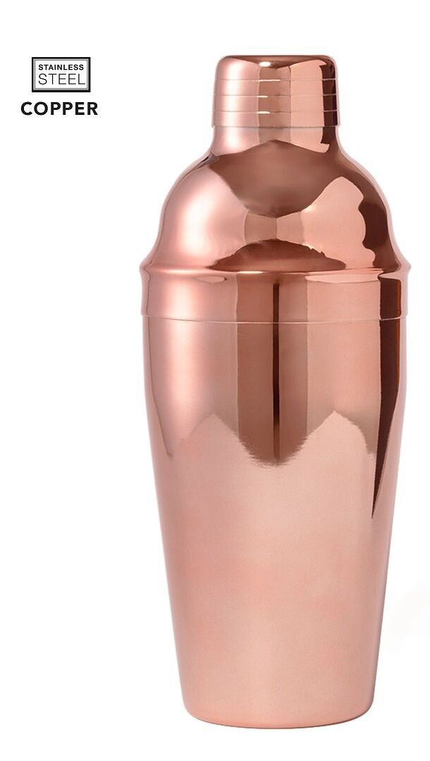 COCKTAIL SHAKER OF 550 ML CAPACITY IN STAINLESS STEEL WITH OUTSIDE COATING OF GALVANIZED COPPER. WITH SAFETY LOCK AND DOSING CAP ON TOP. PRESENTED IN AN ATTRACTIVE INDIVIDUAL BOX.