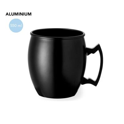 TAZZA NERA DA 540 ML IN ALLUMINIO. CON MANICO DAL DESIGN INNOVATIVO. PRESENTATO IN UN'ACCATTIVANTE SCATOLA KRAFT PERSONALIZZATA.