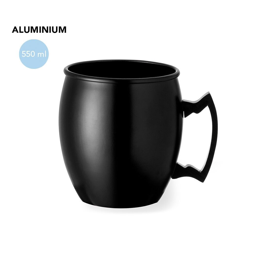 BLACK -540 ML MUG MADE OF ALUMINIUM. WITH INNOVATIVE HANDLE DESIGN. PRESENTED IN AN ATTRACTIVE INDIVIDUAL KRAFT DESIGN BOX.