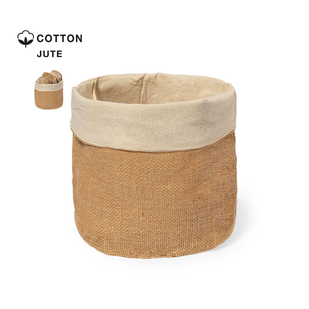 CESTINO PER IL PANE REALIZZATO IN MORBIDO COTONE 100% ALL'INTERNO E IN IUTA ALL'ESTERNO, DAL DESIGN ROTONDO.