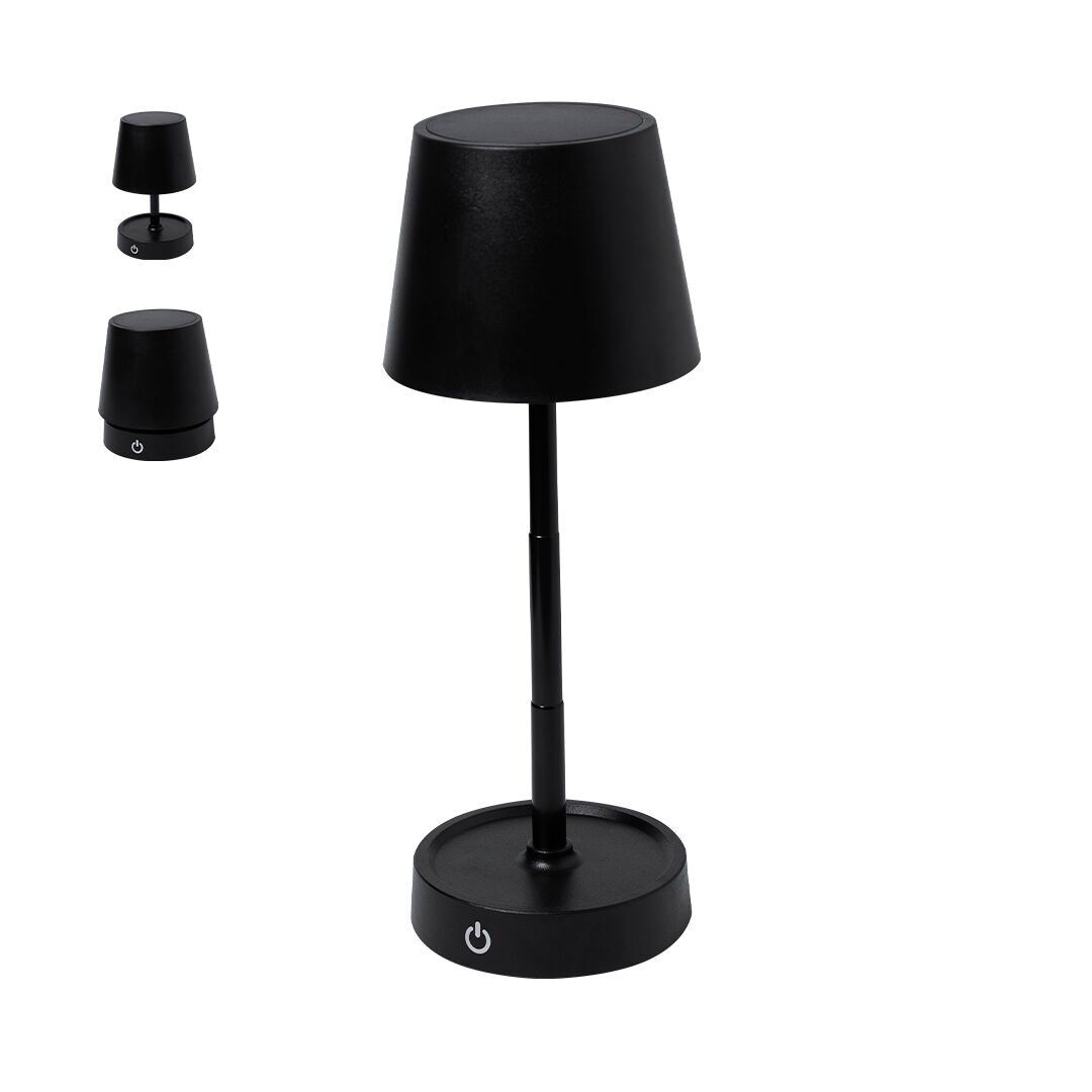 LAMPADA CON FINITURA NERO OPACO. INCLUDE UN SISTEMA DI REGOLAZIONE TATTILE DELL'INTENSITÀ DELLA LUCE E UN CORPO PIEGHEVOLE PER LA REGOLAZIONE DELL'ALTEZZA. DOTATO DI BATTERIA RICARICABILE DA 800 mAh E 12 LED A LUCE CALDA.PULSANTE ON/OFF SUL RETRO.27.5 X CM | 10 Ø | 180 gr.
