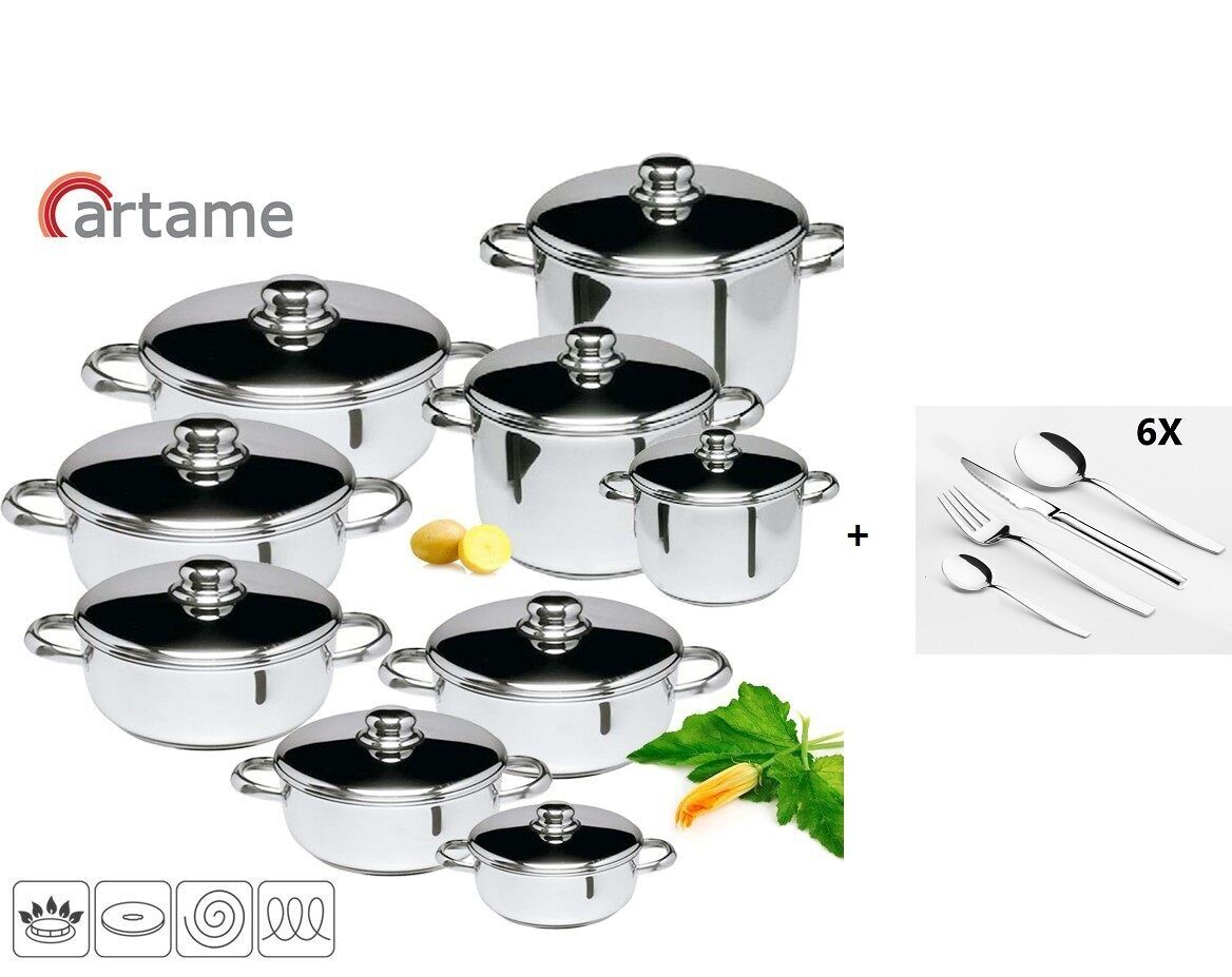 SET ARTAME 9 PEZZI IN ACCIAIO INOX 18/10 (Salse: Ø18-20-22-24-26-28 + Padelle: Ø18-20-24) + 24 POSATE IN ACCIAIO INOX CON COLTELLO DA BISTECCA