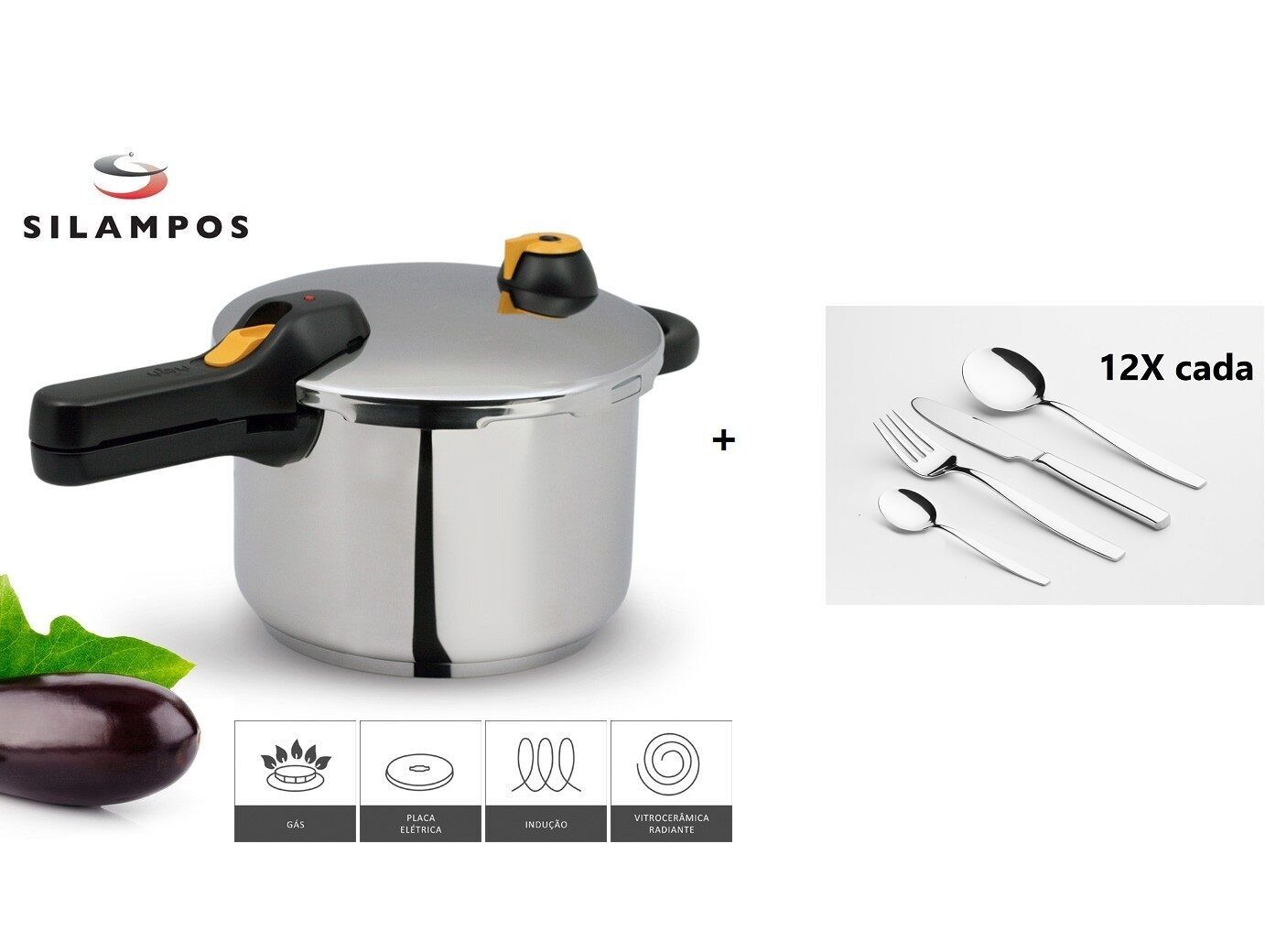 SILAMPOS EASY 7.PENTOLA A PRESSIONE IN ACCIAIO INOX 5L Ø22 SENZA CESTELLO + 48 POSATE IN ACCIAIO INOX CON COLTELLI DA TAVOLA