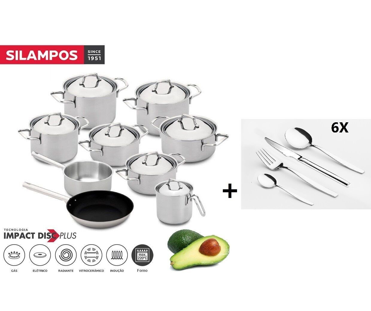 SET SILAMPOS 9 PEZZI IN ACCIAIO INOX 18/10 + SET 24 POSATE IN ACCIAIO INOX CON COLTELLO DA BISTECCA