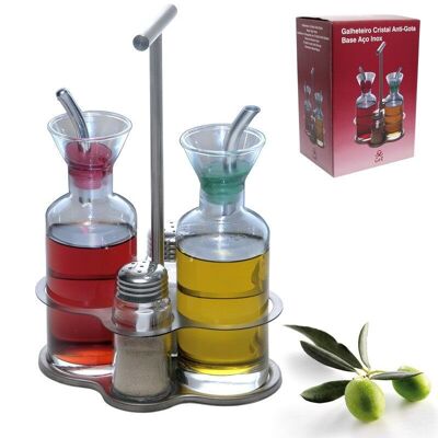 SET ACEITERA Y VINAGRERA CON SALERO Y PIMENTERO DE VASO CON BASE DE ACERO INOXIDABLE
