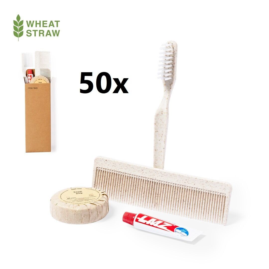 50 X Set essenziale per la cura della persona con spazzolino da denti, dentifricio (6 Gr), pettine e saponetta (25 Gr). IN PAGLIA DI GRANO, PER FAVORIRE L'USO DI MATERIE PRIME NATURALI E RIDURRE LE EMISSIONI DI CONTAMINANTI. 14.5 x 2.5 x 4.7 centimetri | 57.5 gr.