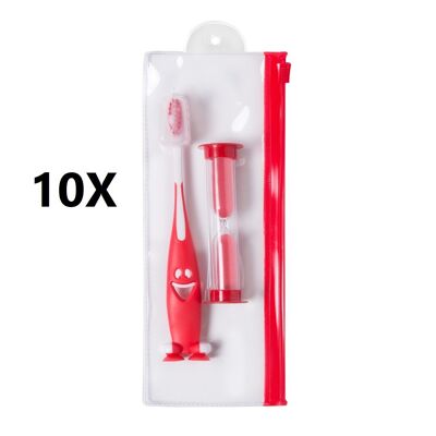 10 X ENSEMBLE JUNIOR ROUGE - BROSSE À DENTS ET SABLE 2 MINUTES - 8 x 20 x 2 cm