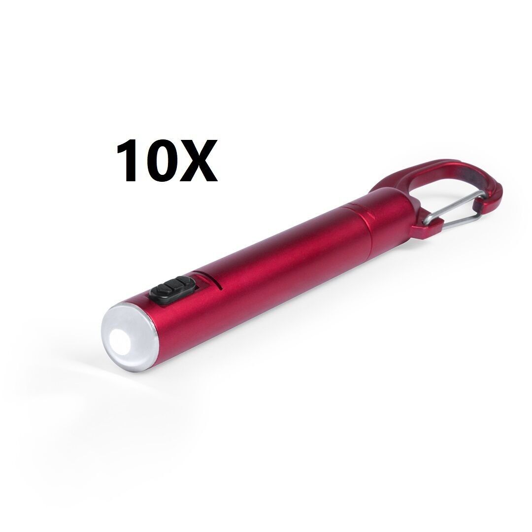 10 X RED BALL PEN WITH BUILT-IN LED FLASHLIGHT. BODY IN SMOOTH METALLIC FINISH AND HOOD WITH CARABINER. IN BLUE INK WITH BUTTON. CELL BATTERIES INCLUDED.11 x cm | 1 Ø