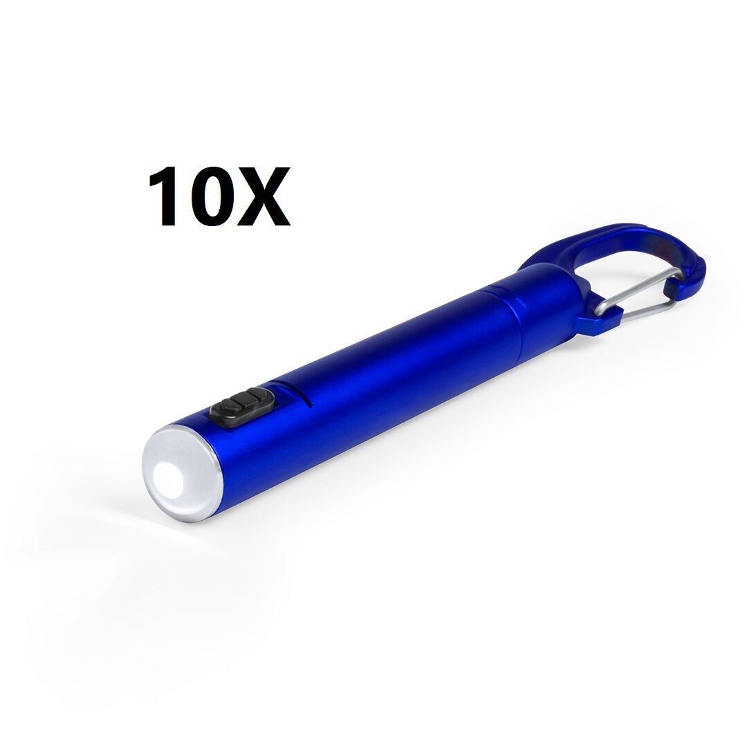 10 X BLUE BALL PEN WITH BUILT-IN LED FLASHLIGHT. BODY IN SMOOTH METALLIC FINISH AND HOOD WITH CARABINER. IN BLUE INK WITH BUTTON. CELL BATTERIES INCLUDED.11 x cm | 1 Ø