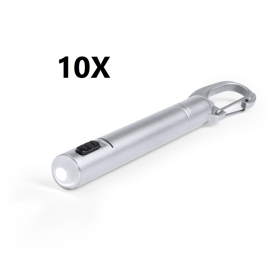 10 X SILVER BALL PEN WITH BUILT-IN LED FLASHLIGHT. BODY IN SMOOTH METALLIC FINISH AND HOOD WITH CARABINER. IN BLUE INK WITH BUTTON. CELL BATTERIES INCLUDED.11 x cm | 1 Ø