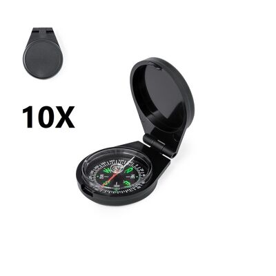 10 X BOUSSOLE DE POCHE FABRIQUÉE EN MATÉRIAU ABS DURABLE. AVEC COUVERCLE DE FERMETURE, CADRAN NOIR ET POINTS CARDINAUX VERTS POUR UNE ORIENTATION FACILE.4.6x5.9x1.6 cm