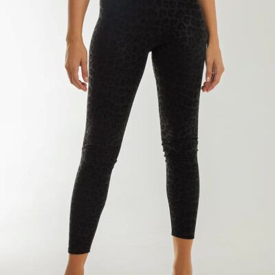 Leggings effetto pelle con stampa leopardata nera