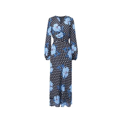Vestido largo "Jardin Étoilé" con lunares y flores azules: elegancia francesa retro bajo las flores.