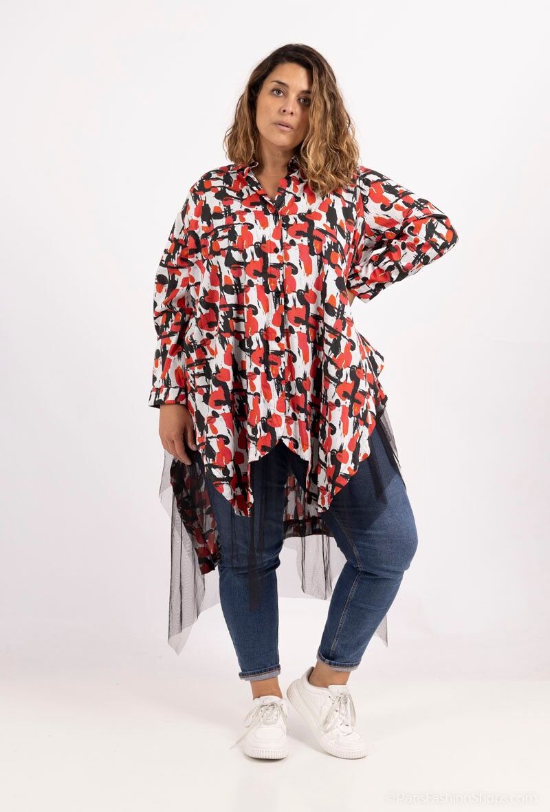 Veste asymétrique grande taille imprimé rouge (T1529)