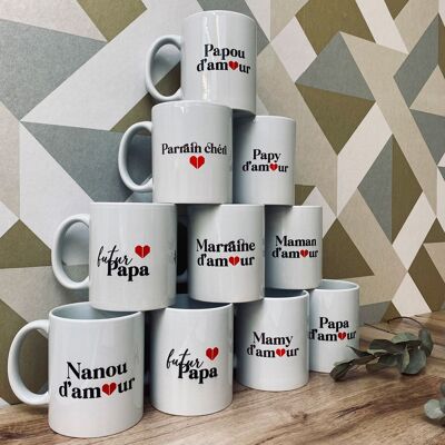 Collection de mugs en porcelaine "D’Amour" ❤️ - Lot de 10 mug - famille - tasse pour papy, mamy, maman, marraine, parrain, taty,...