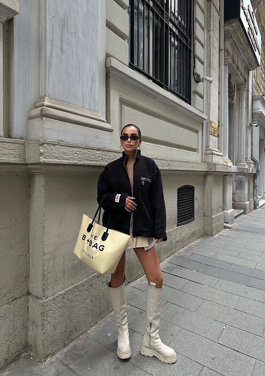 Giacca in bouclé con zip e tasche - Nero