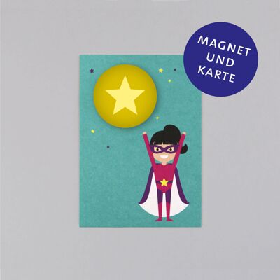 Set imán con postal superheroína + estrella