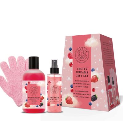 Coffret cadeau Caresse Rêves Fruités - Bain moussant 500 ml + Soin scintillant pour le corps 150 ml + Gant de gommage offert