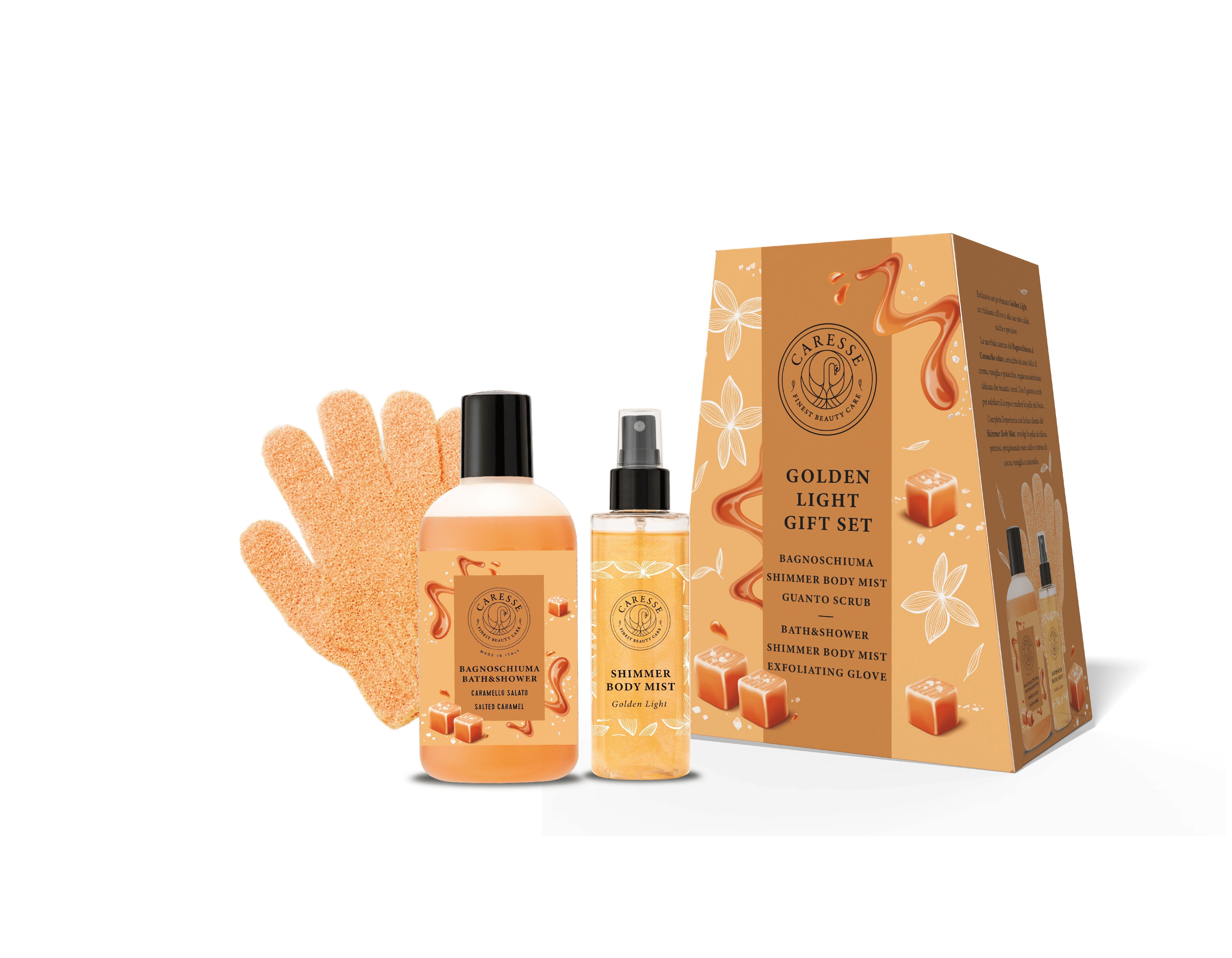 GOLDEN LIGHT CARESSE GIFT BOX - 500ML BATH FOAM + 150ML BODY SHIMMER + FREE SCRUB GLOVE