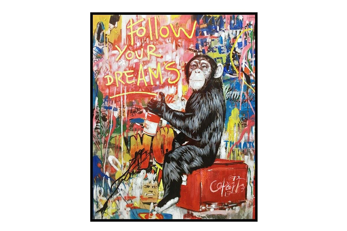 TA5694 - DIPINTO STREET ART SCIMPANZÉ 80*100 CORNICE NERA - GALLERIA