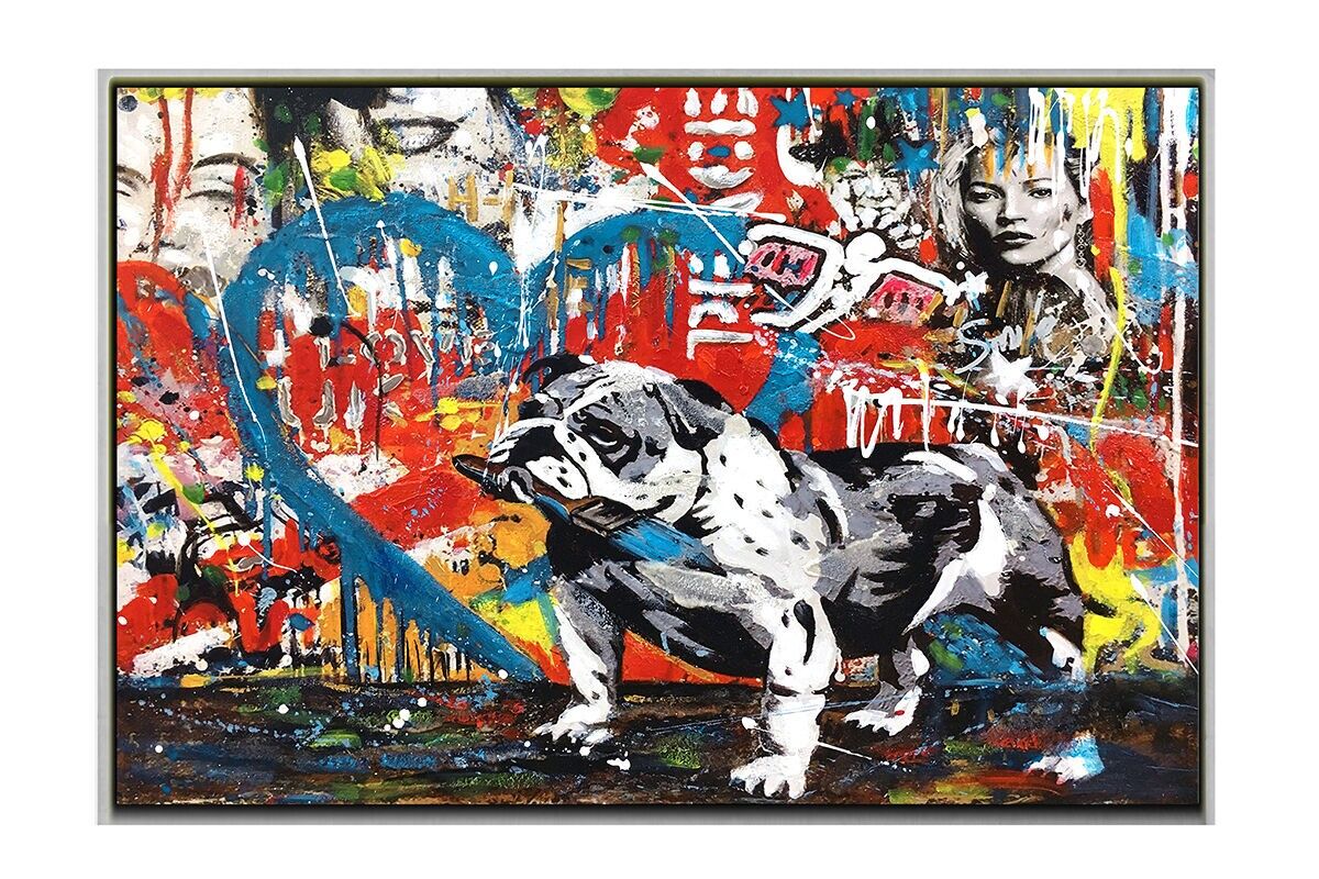 TA5696 - DIPINTO STREET ART BULLDOG 60*90 CORNICE ARGENTO - GALLERIA