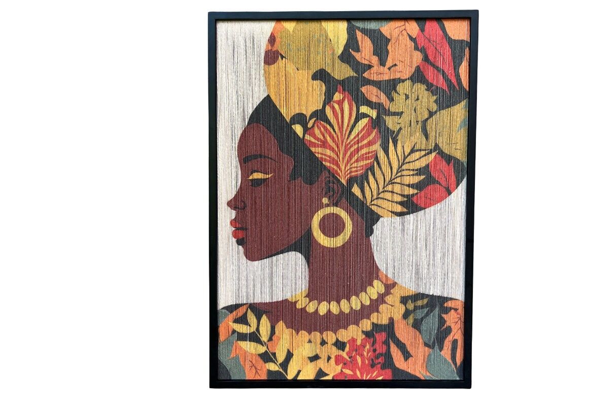 TA7014 - LIENZO DE MUJER CON CUERDA Y FLORES EN MARCO NEGRO - GALERÍA