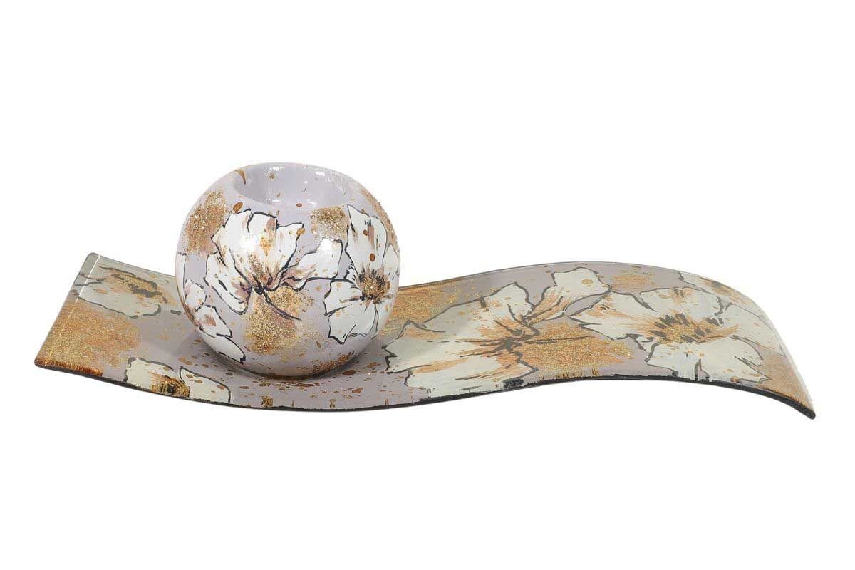 Candle Holder on a Plate with Golden Flowers - Acapulco