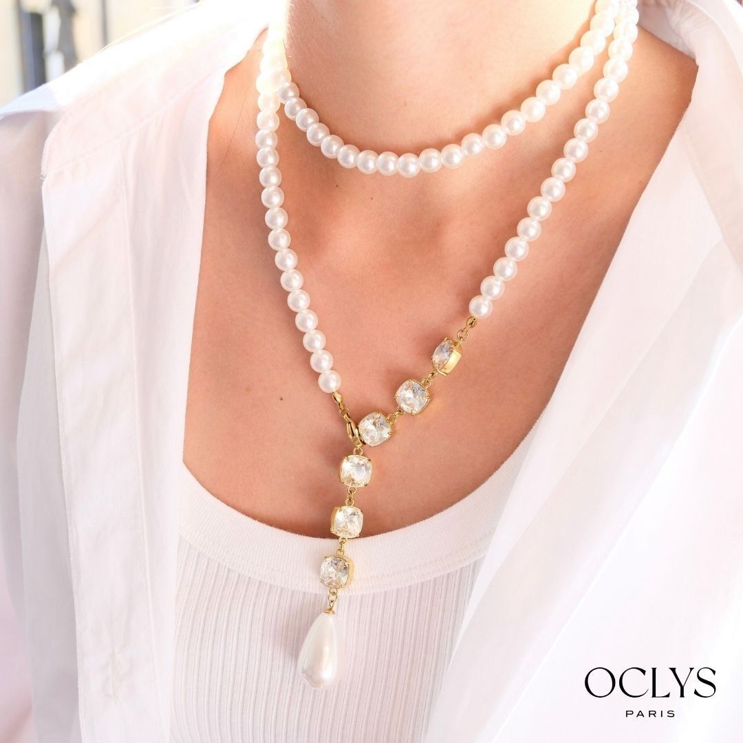 Lita double row Y-shaped pearl necklace in gold-plated stainless steel with rhinestones