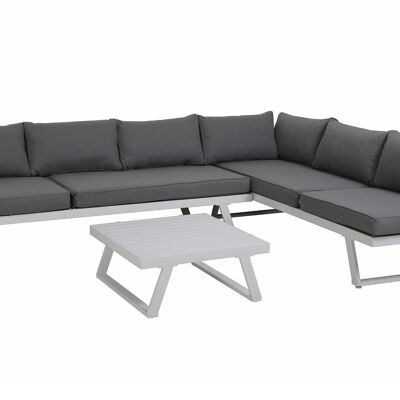 Canapé d'angle, 1 table basse, 4 coussins d'assise, 7 coussins de dossier