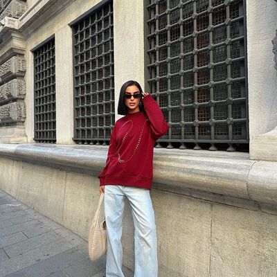 Sudadera de manga larga y cuello redondo con pedrería - burdeos