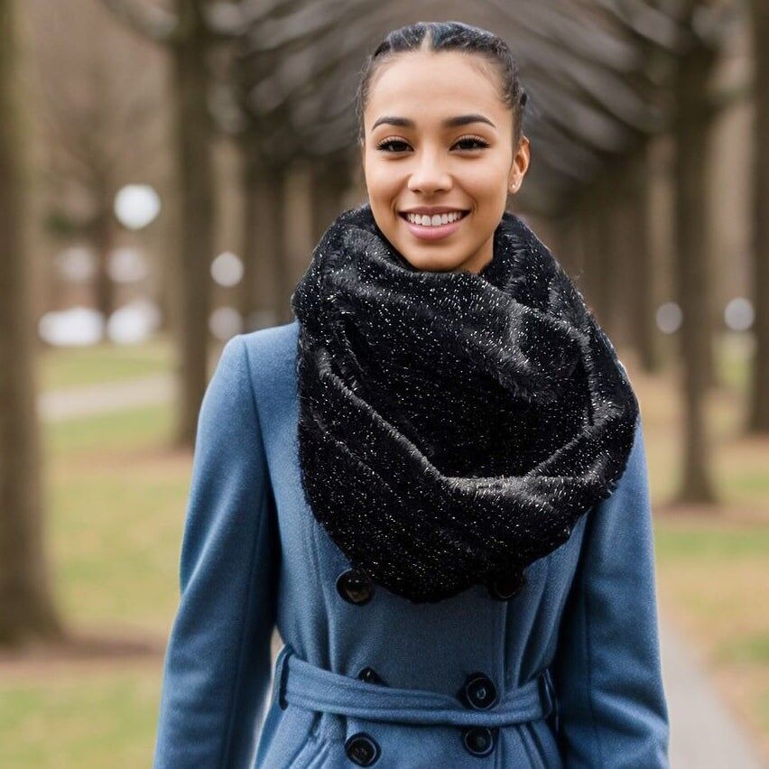 Scaldacollo in pelliccia sintetica doppia scintillante - Nero