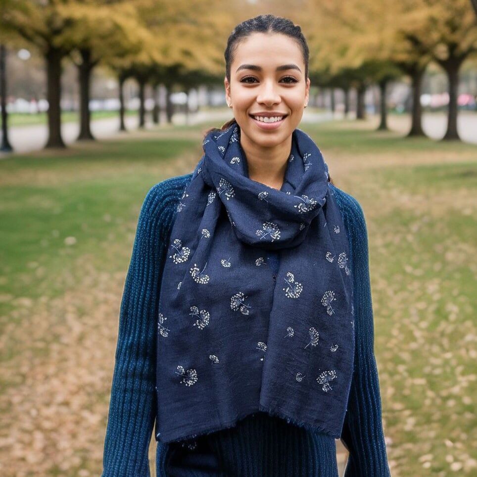 Kawat - Sciarpa con tarassaco (70x180cm) - Blu navy