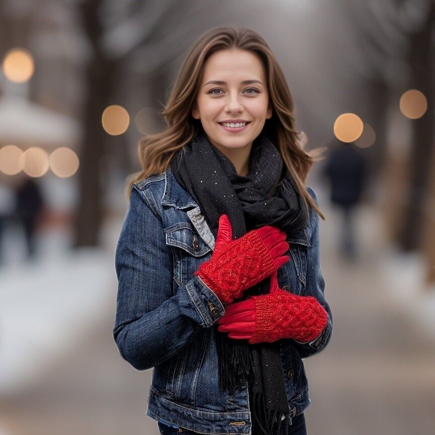 Guanti scintillanti due in uno in maglia a trecce - Rosso brillante