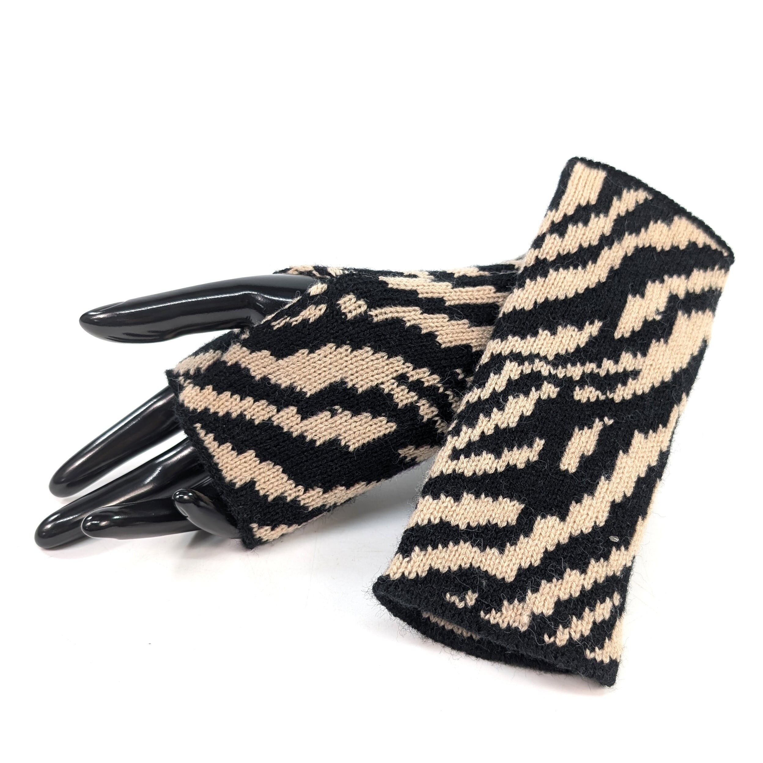 Guanti senza dita in maglia - Stampa zebra marrone
