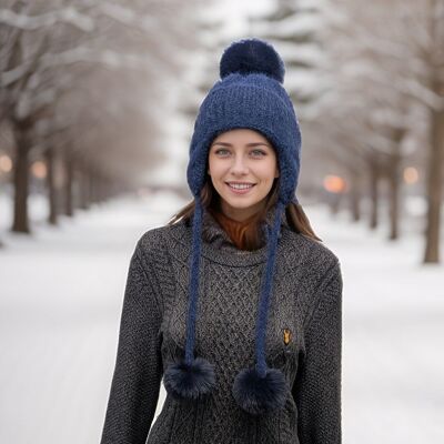 Cappello lavorato a maglia con pompon lungo - Blu navy