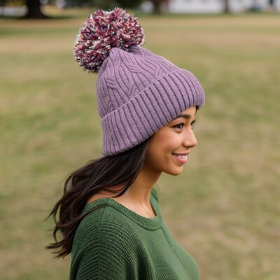 Cappello lavorato a maglia con pompon multicolore - Viola