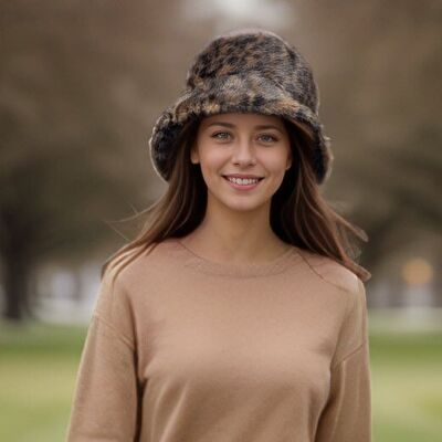 Cappello da pescatore in pelliccia sintetica - Stampa animalier marrone scuro