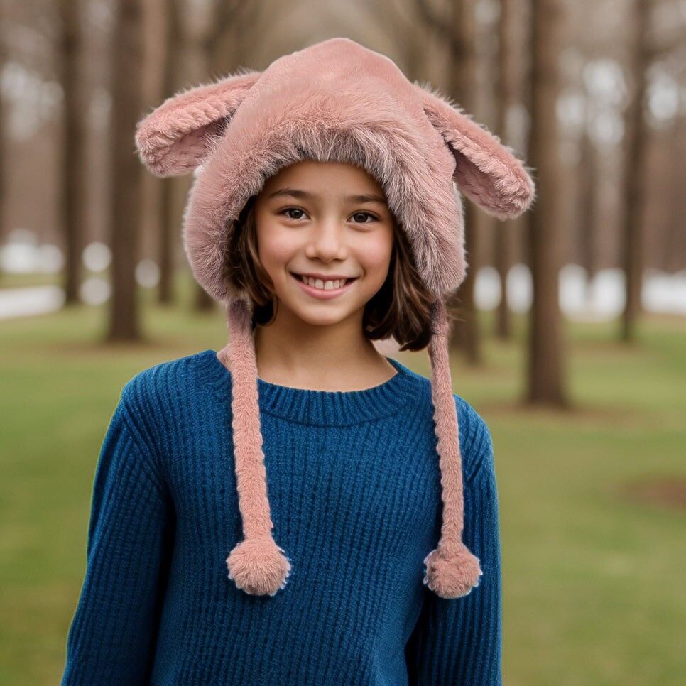Cappello da coniglio in pelliccia sintetica con lacci lunghi - Rosa