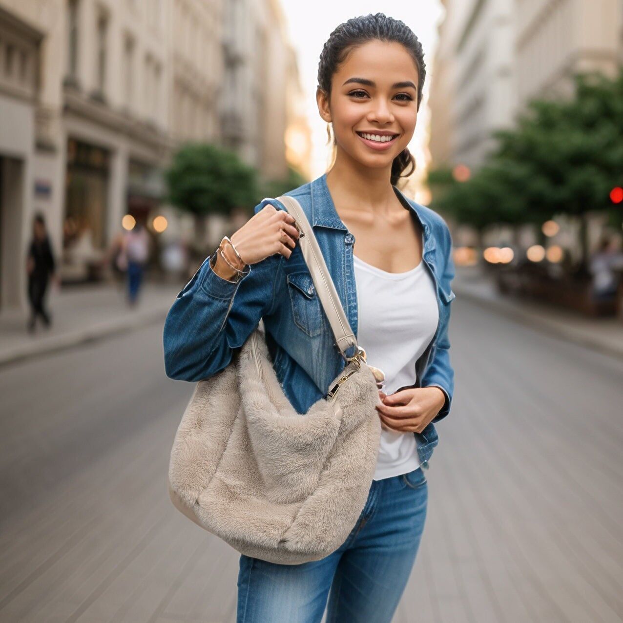 Cora - Borsa a tracolla in pelliccia sintetica - Crema